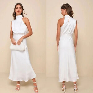 Lulus Distinctive Charm White Satin Asymmetrical Midi Dress Party Bridal Prom